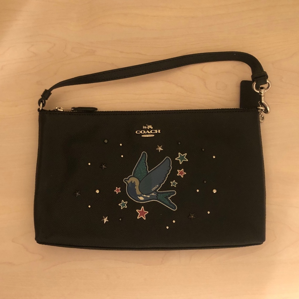 New Coach Black Leather Handbag w/ Bird & Star Details & Full Outer Zipper